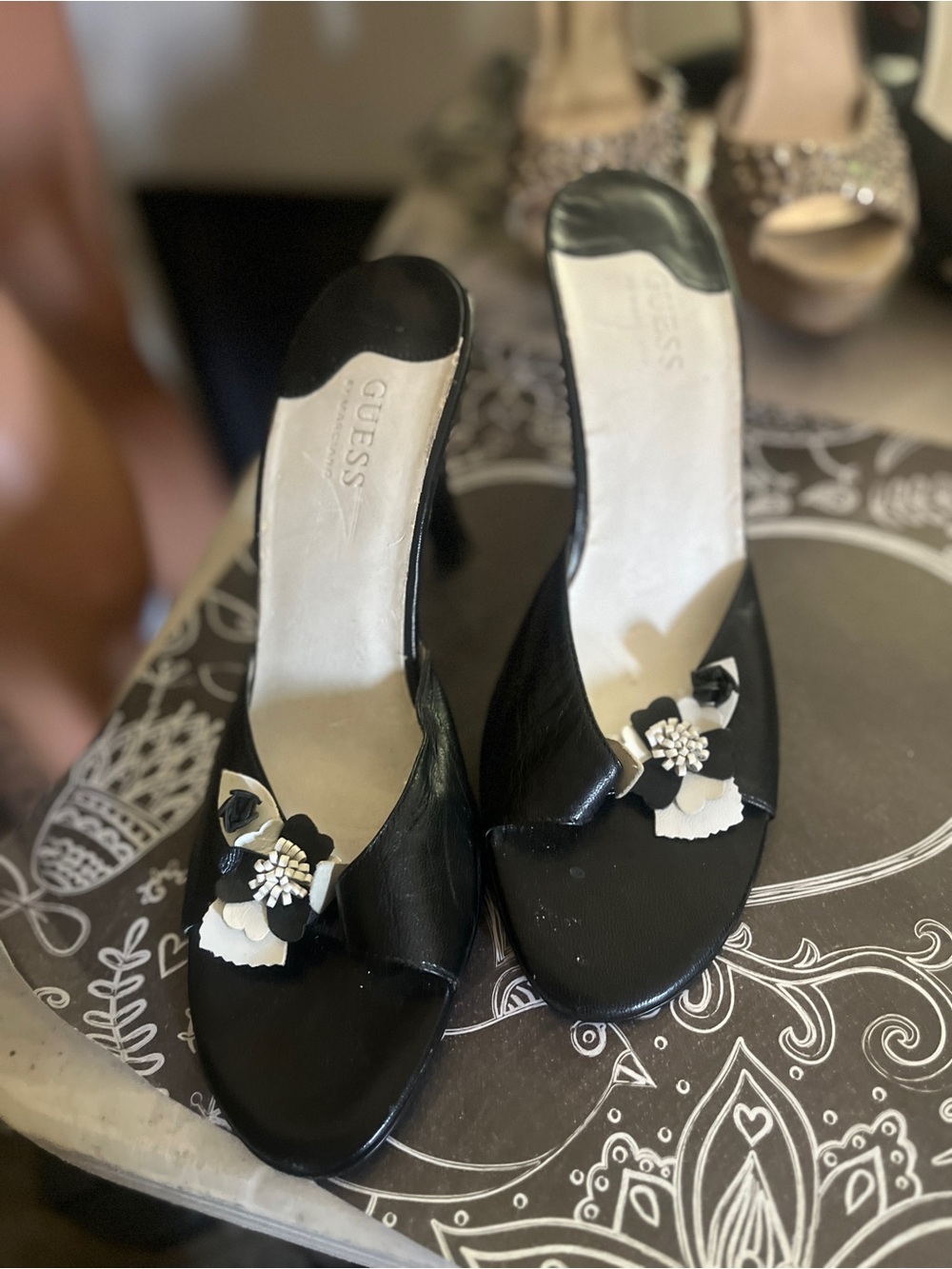 GUESS Black Slide Mules with White Floral Accent